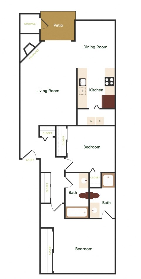 Floor plan for 2 beds, 2 baths, 1129 sqft